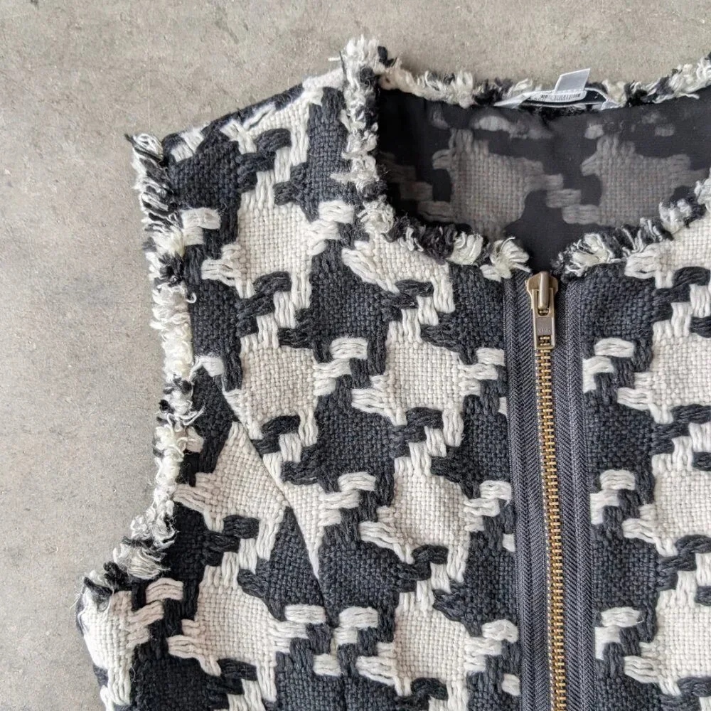 Cabi Black White Houndstooth Fringe Vest small